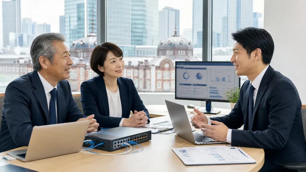 東京駅・八重洲周辺のIT保守会社M&Aについて経営者とアドバイザーが相談している様子