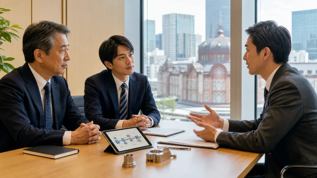 東京駅・八重洲周辺の製造関連会社M&Aについて経営者とアドバイザーが相談している様子