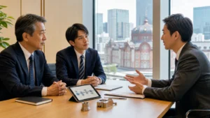 東京駅・八重洲周辺の製造関連会社M&Aについて経営者とアドバイザーが相談している様子