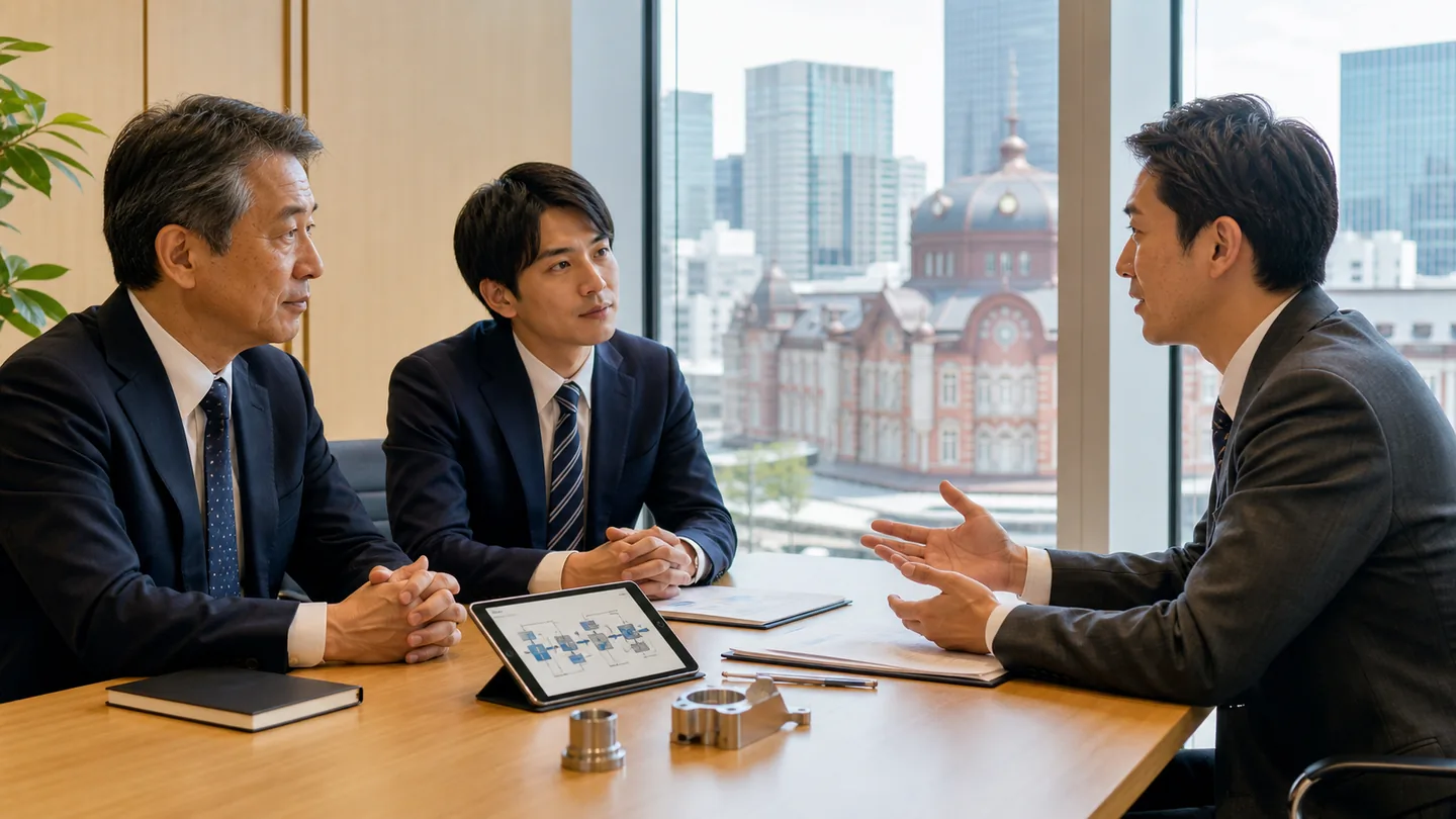 東京駅・八重洲周辺の製造関連会社M&Aについて経営者とアドバイザーが相談している様子