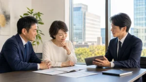 日本橋・八重洲周辺の専門サービス会社M&Aについて経営者とアドバイザーが相談している様子