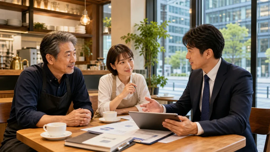八重洲・東京駅周辺の店舗サービス事業M&Aについて経営者とアドバイザーが相談している様子