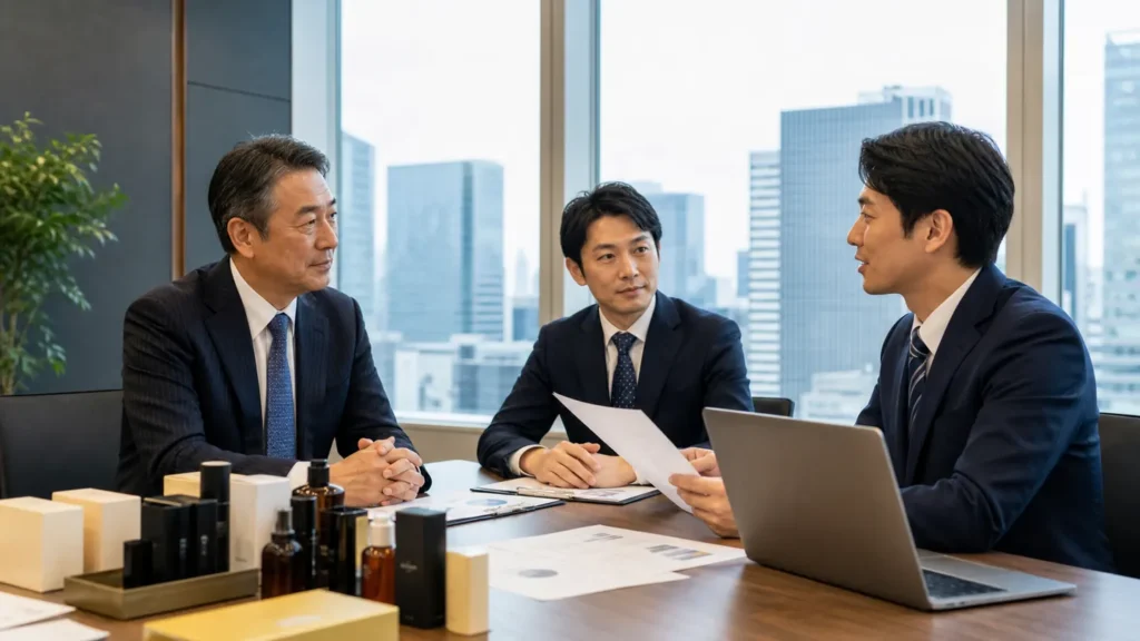 八重洲・東京駅周辺の商社・卸売業M&Aについて経営者とアドバイザーが相談している様子