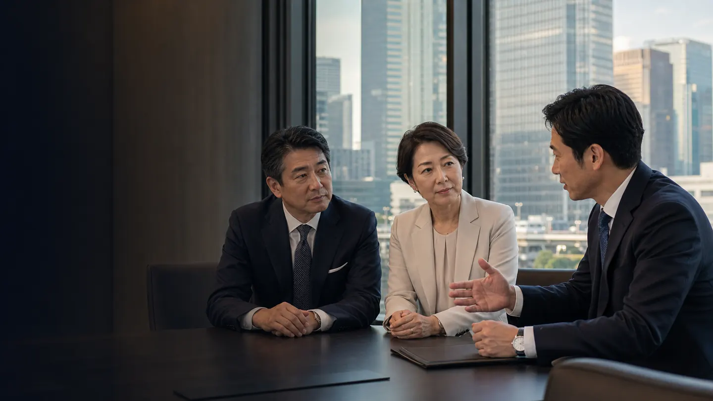 八重洲の会議室で会社売却と事業承継を相談する経営者とM&Aアドバイザー