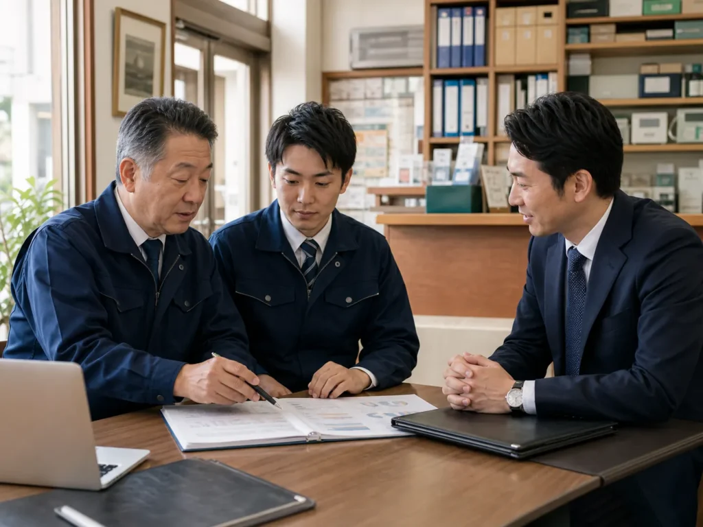 中小企業の事業承継資料を確認する経営者とM&Aアドバイザー