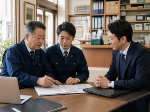 中小企業の事業承継資料を確認する経営者とM&Aアドバイザー