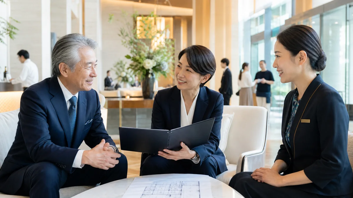 ホテル事業M&A事例の運営承継を明るいホテルロビーで話し合う経営者と担当者
