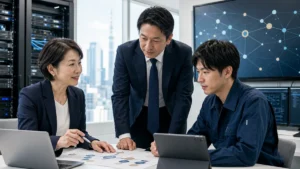 会社分割による法人向けISPとクラウド再販事業の承継計画を確認する技術者と事業責任者