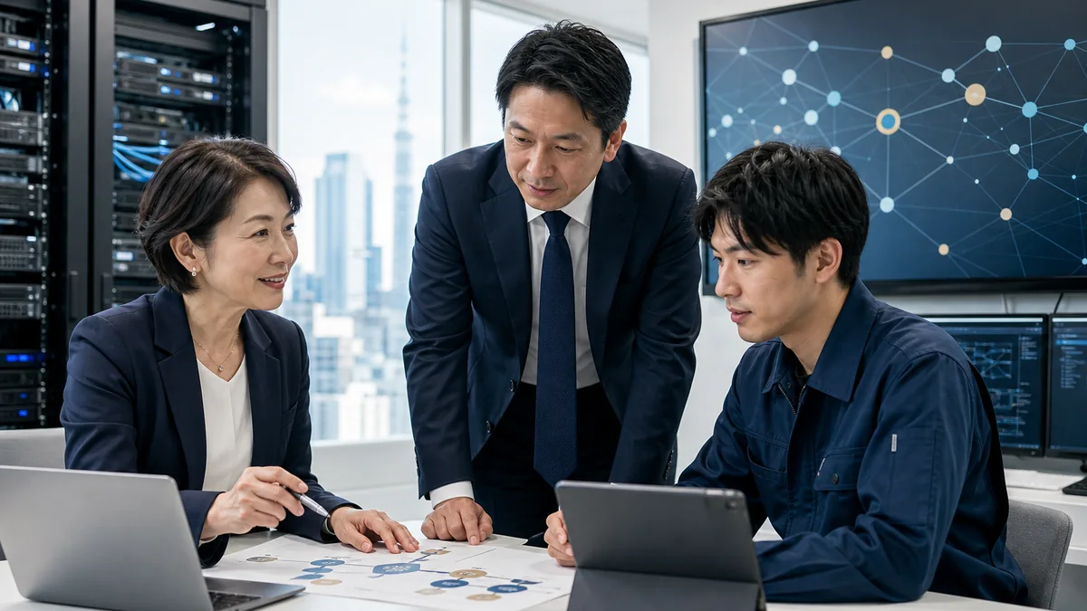 会社分割による法人向けISPとクラウド再販事業の承継計画を確認する技術者と事業責任者