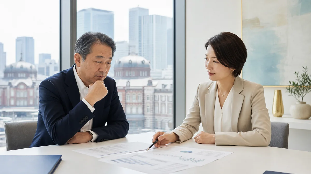 東京駅八重洲の明るい会議室で企業価値算定資料を確認する中小企業経営者とM&Aアドバイザー
