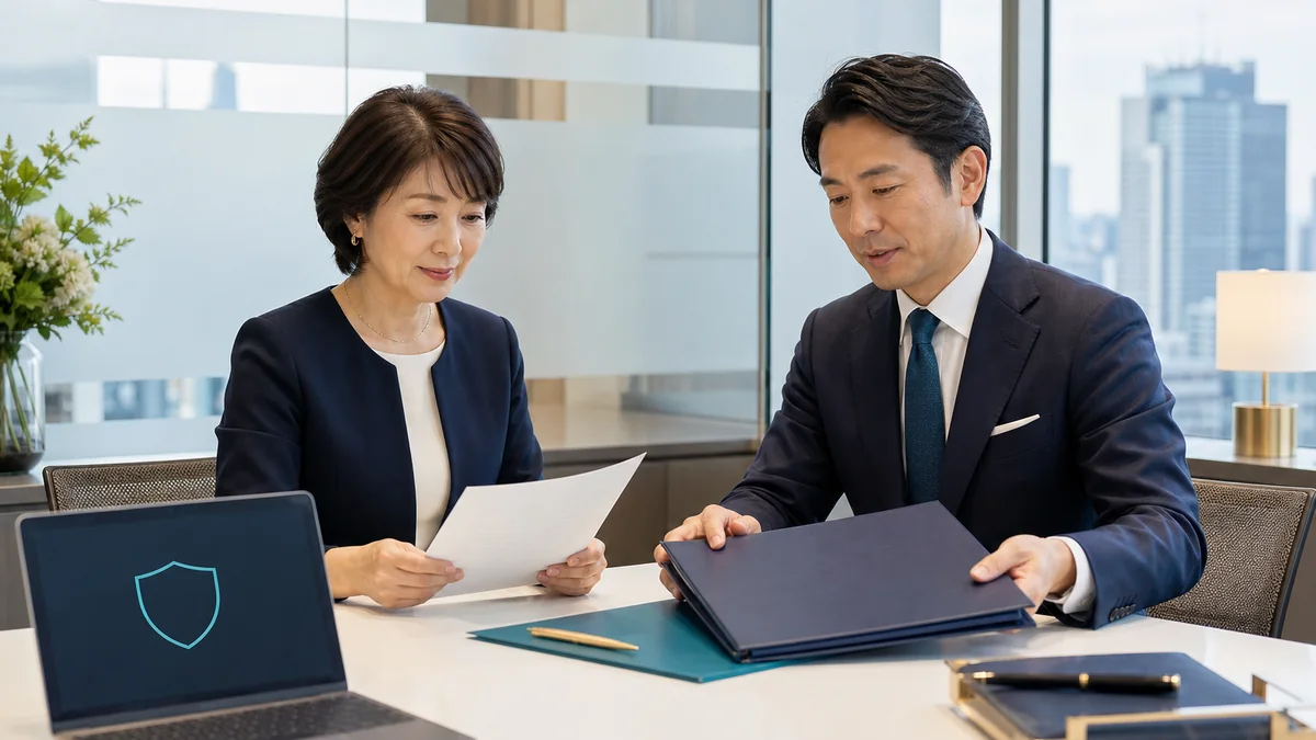 八重洲の会議室でM&A データルームの情報開示手順を確認する経営者とM&Aアドバイザー