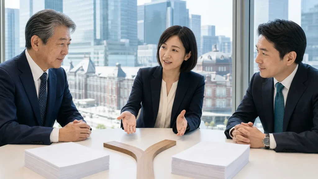 八重洲の会議室で株式譲渡と事業譲渡の違いを比較する経営者とM&A専門家