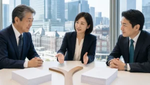 八重洲の会議室で株式譲渡と事業譲渡の違いを比較する経営者とM&A専門家
