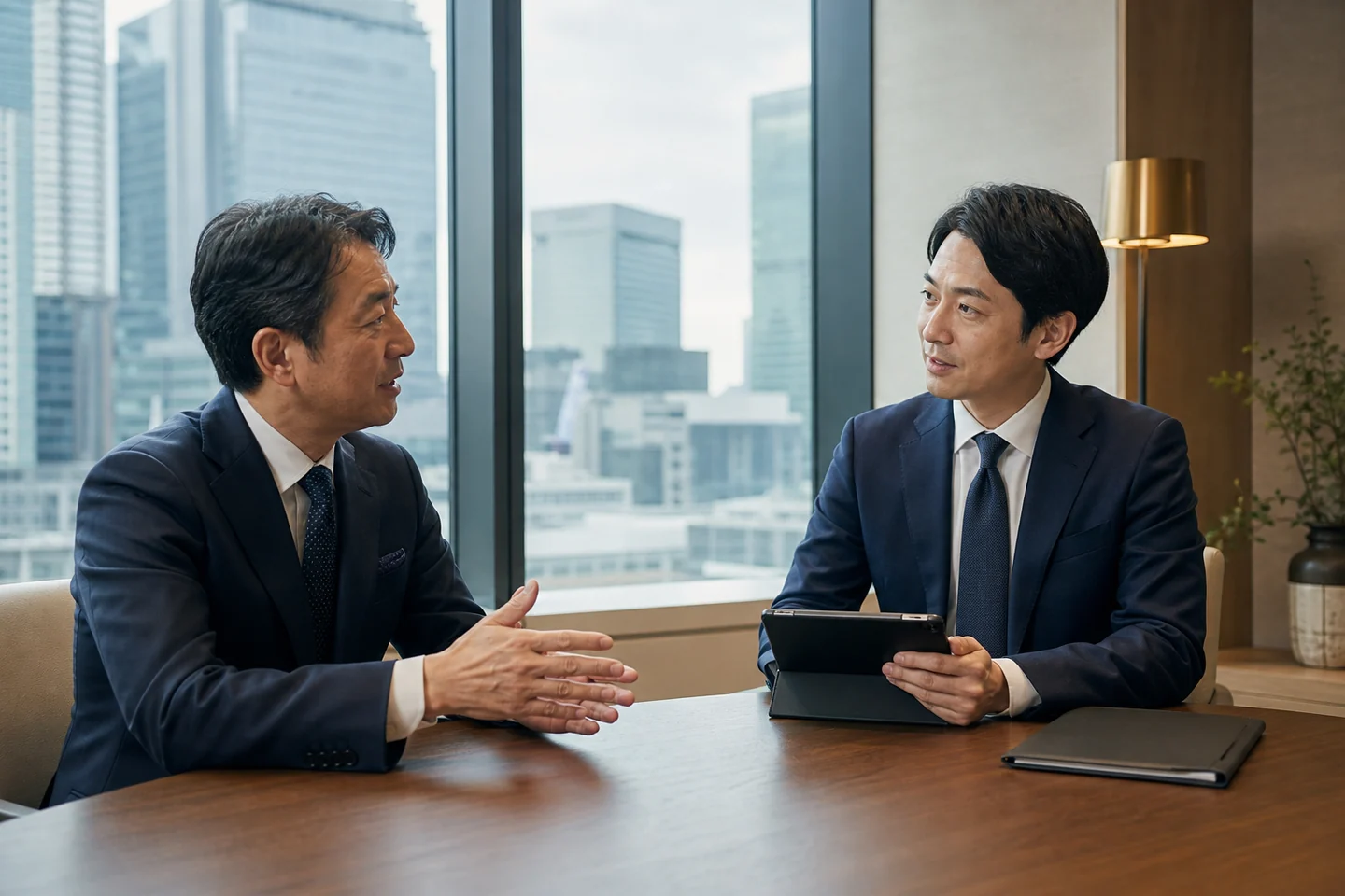 東京駅・八重洲で会社売却を相談する経営者とM&Aアドバイザー