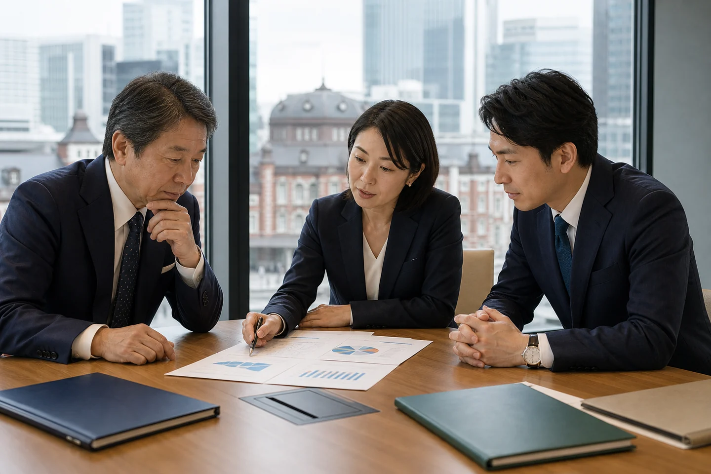 八重洲の会議室で企業承継計画を確認する経営者と専門家チーム